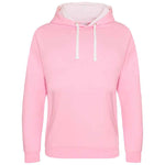 Pink hoodie with white drawstrings on a white background