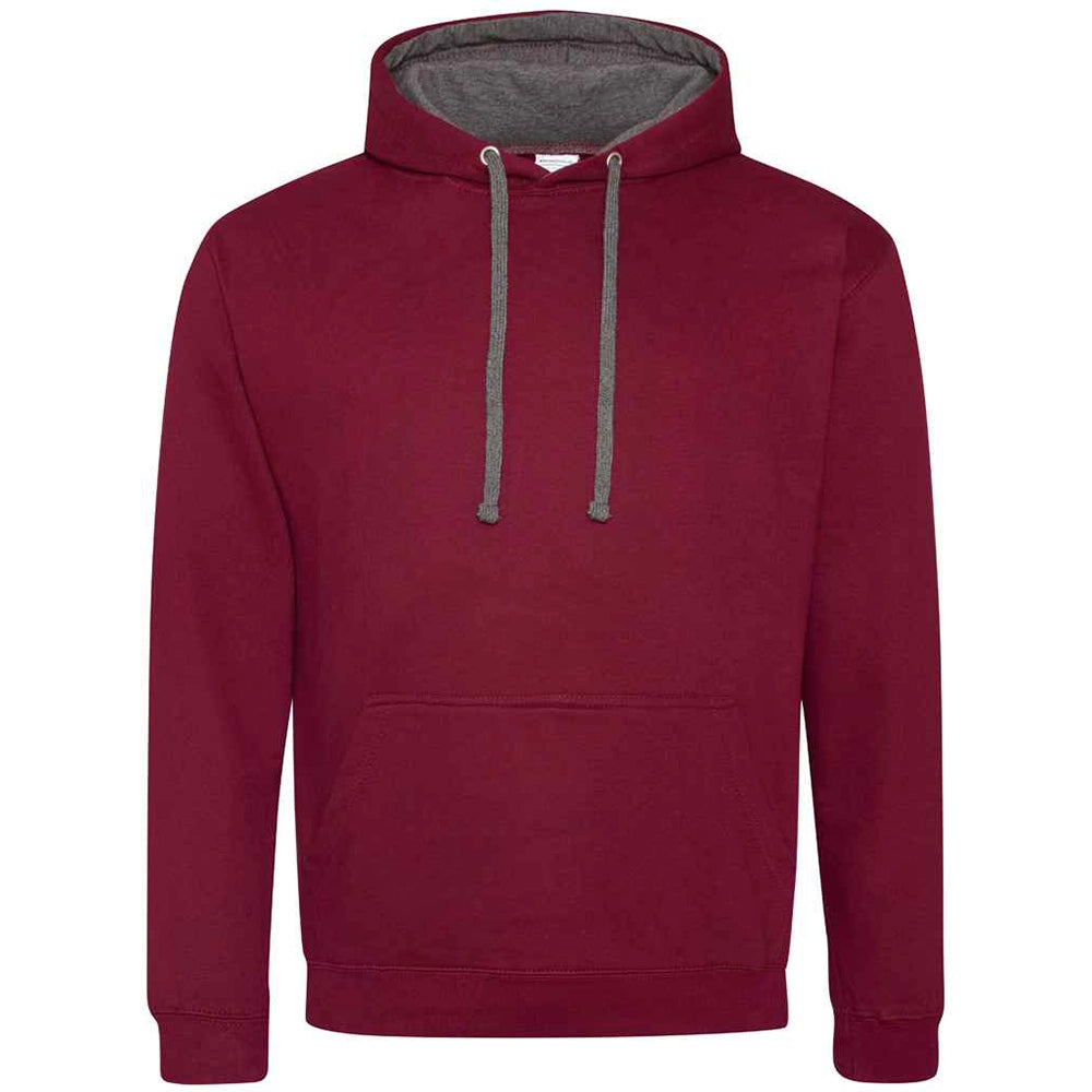 Maroon hoodie with gray drawstrings on a white background
