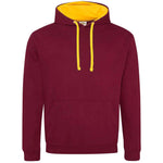Maroon hoodie with yellow lining on a white background