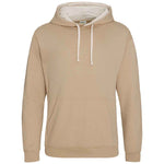 Beige hoodie with a white drawstring on a white background