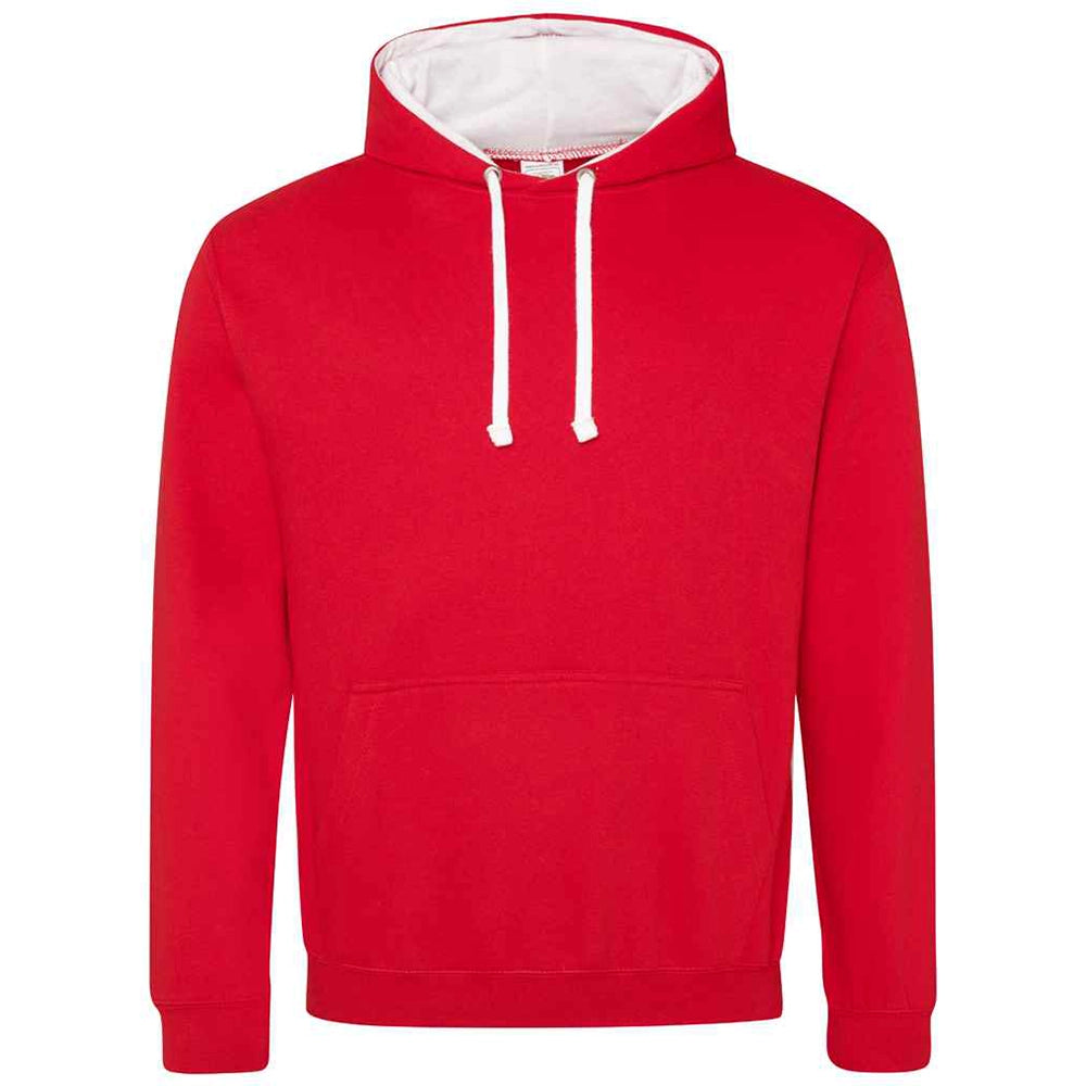 Red hoodie with white drawstrings on a white background