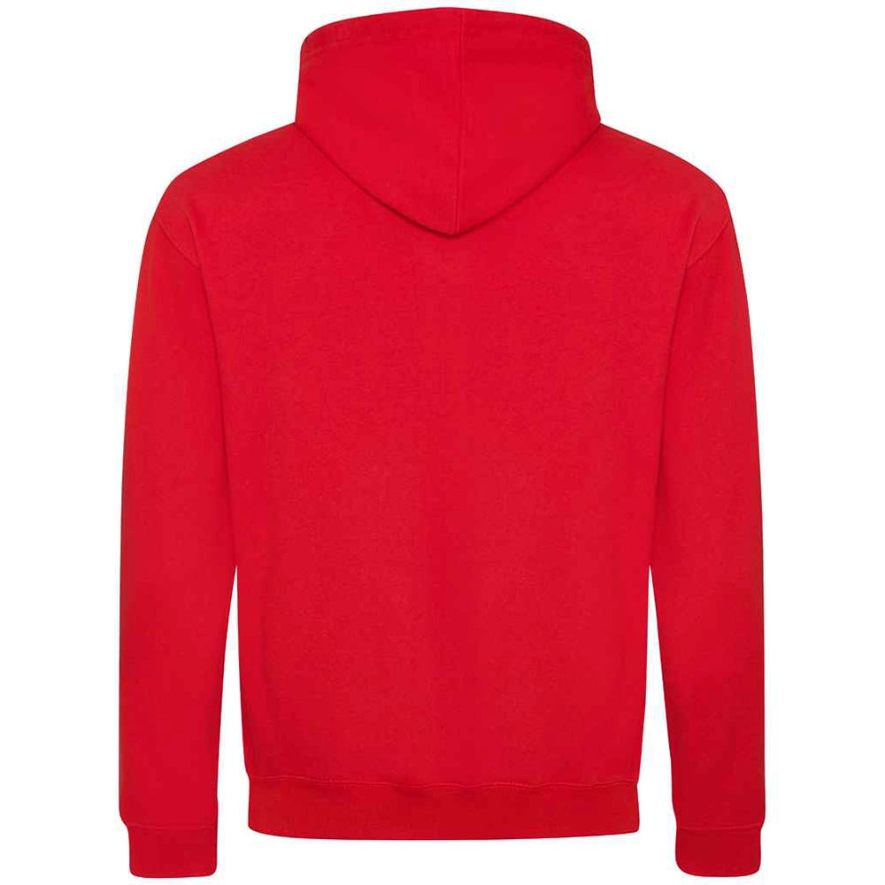 Red hoodie shown from the back on a white background