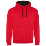 Red hoodie with black drawstrings on a white background