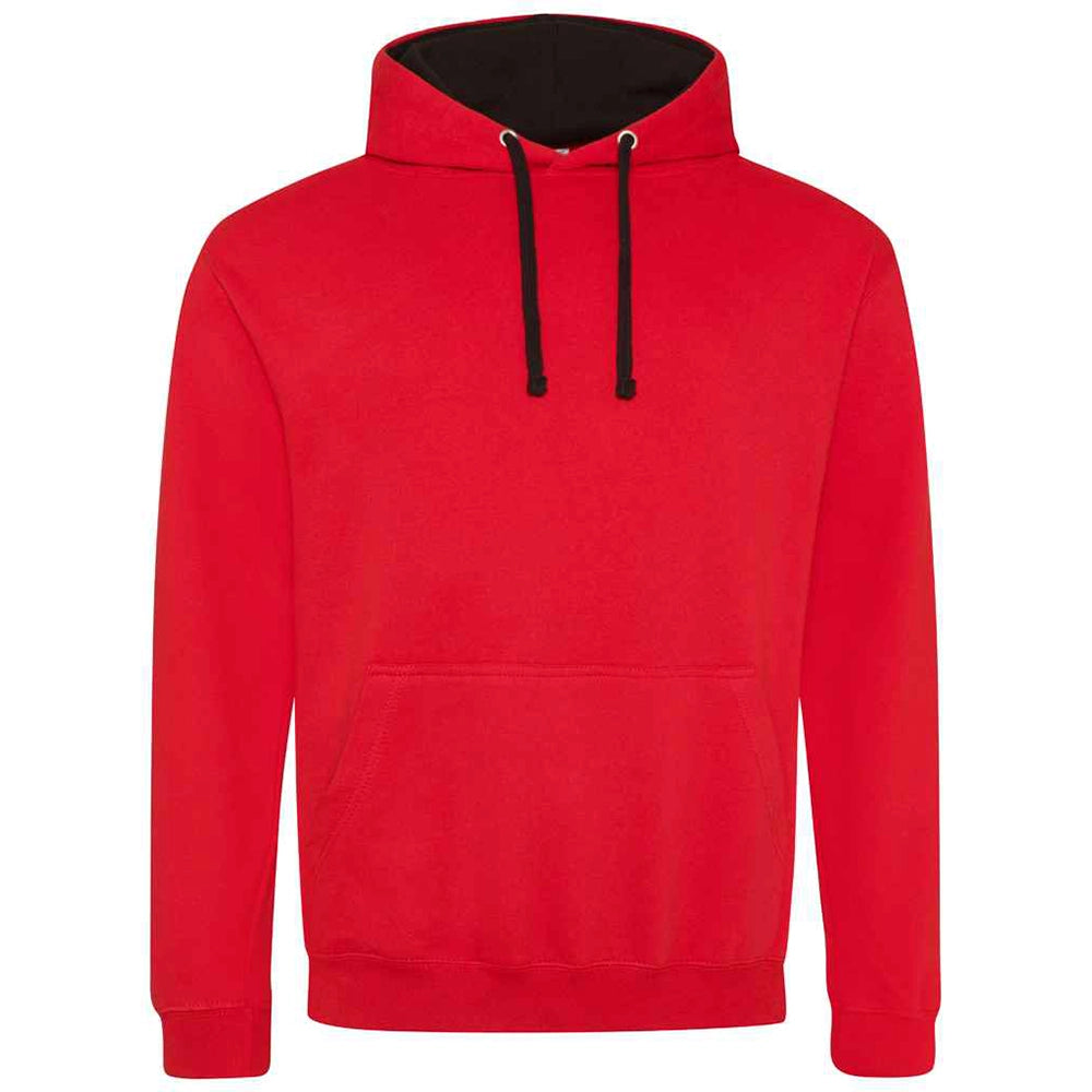 Red hoodie with black drawstrings on a white background