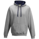 Grey hoodie with navy lining on a white background