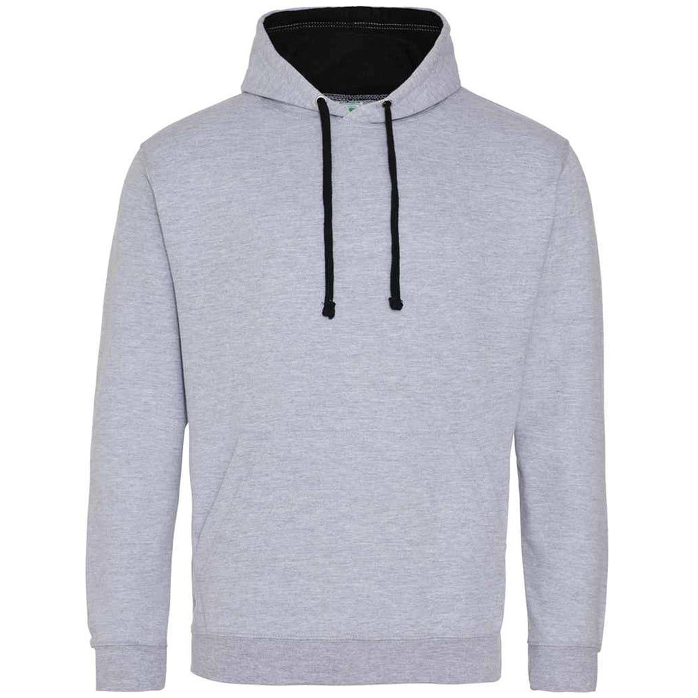 Grey hoodie with black drawstrings on a white background