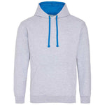 Grey hoodie with blue drawstrings on a white background