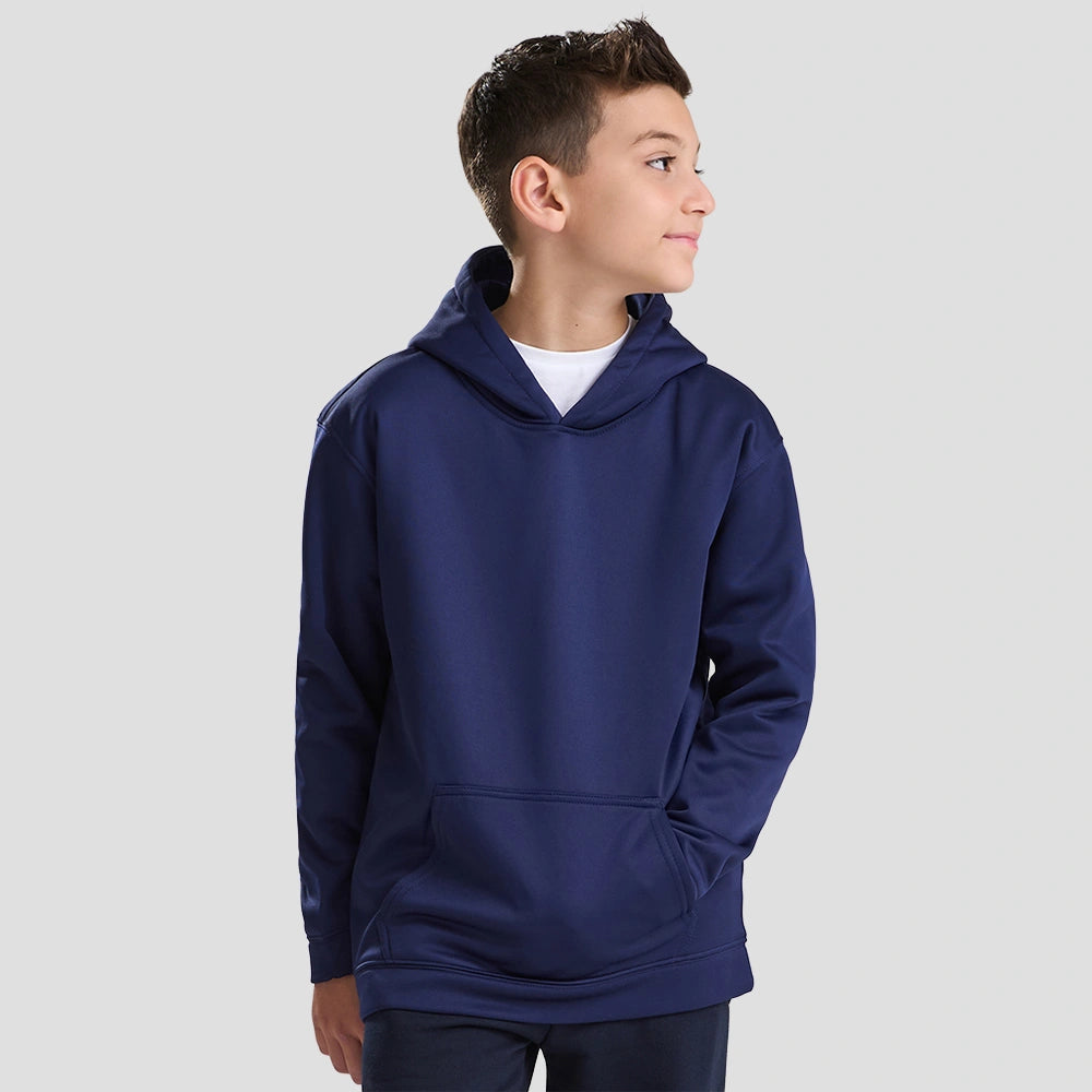 Model wearing the AWDis Kids Sports Polyester Hoodie in Oxford Navy