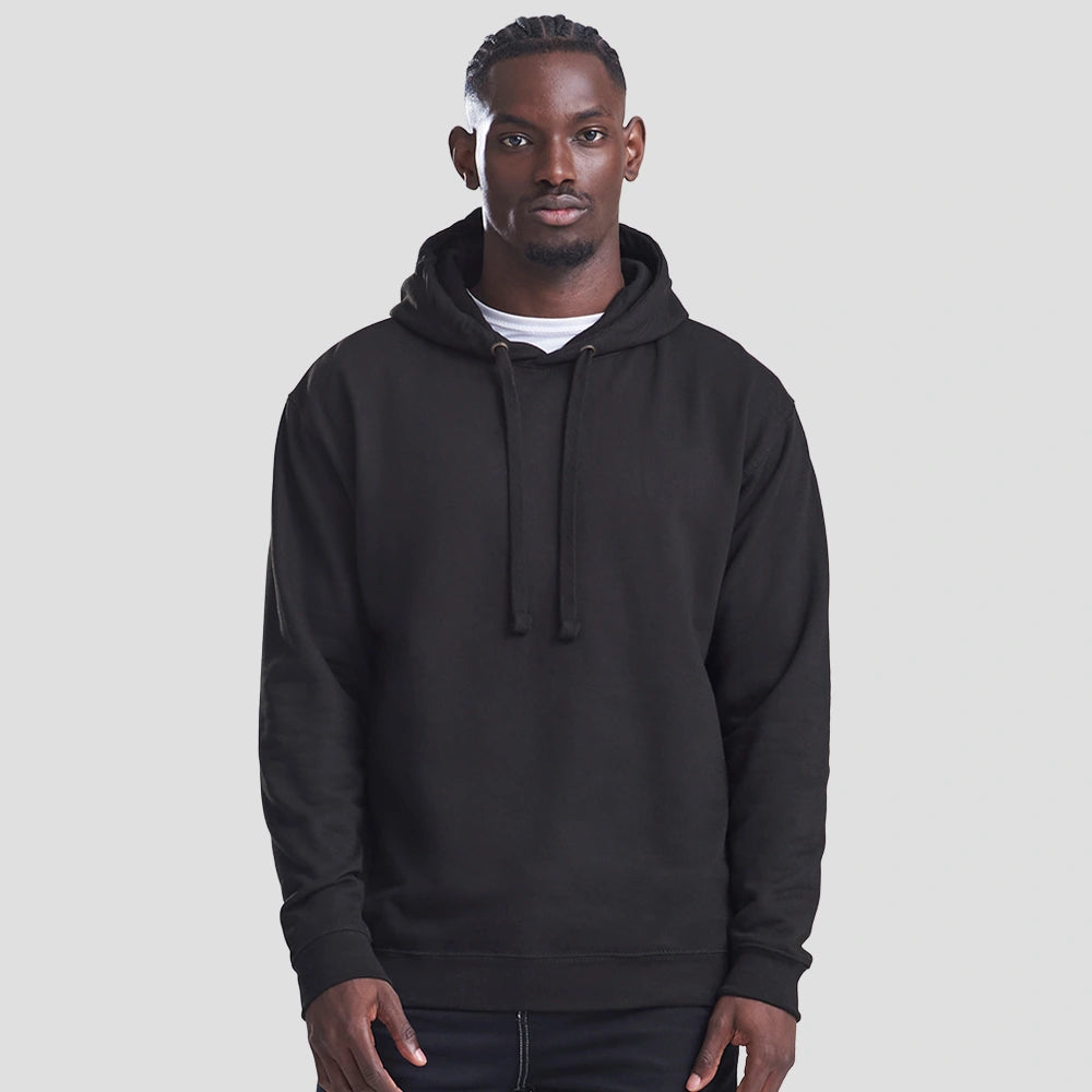 Model wearing the JH011 AWDis Epic Print Hoodie in Jet Black