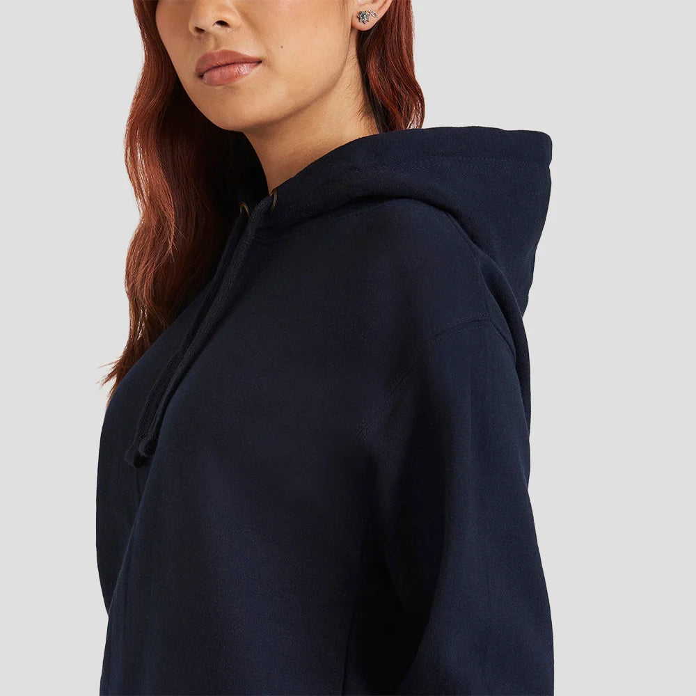 Close-up shot of Model wearing the JH011 AWDis Epic Print Hoodie in New French Navy