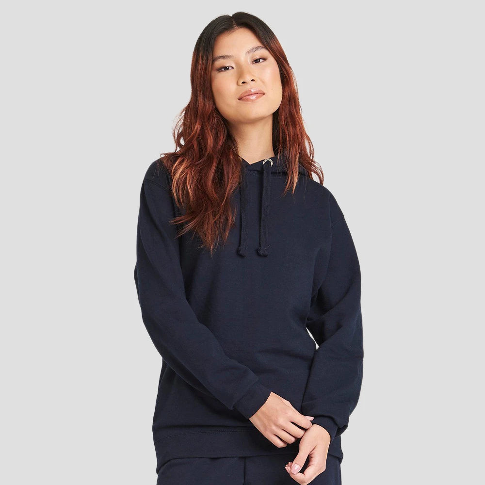 Model wearing the JH011 AWDis Epic Print Hoodie in New French Navy