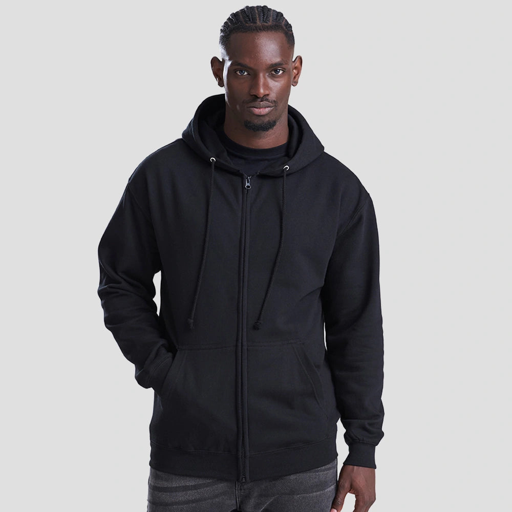 Model wearing the AWDis Zoodie JH050 in deep black, zipped up
