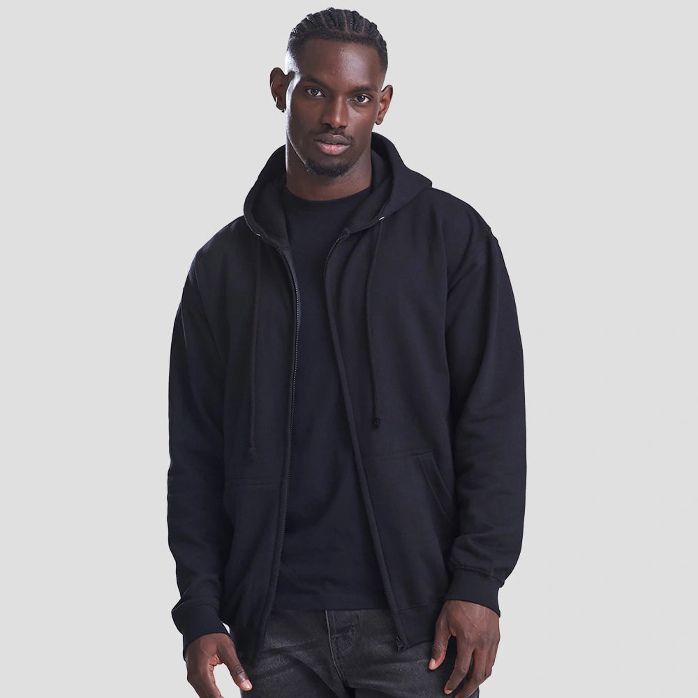 Model wearing the AWDis Zoodie JH050 in deep black