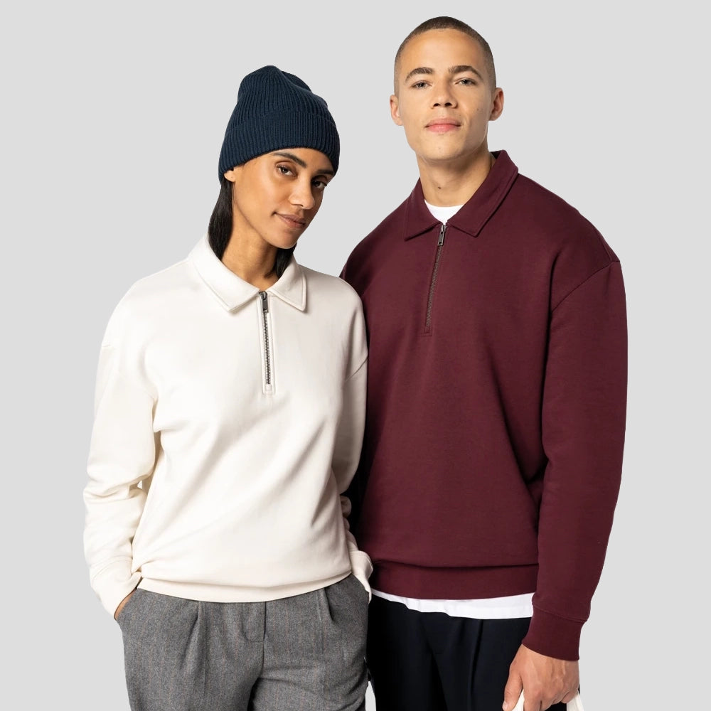 Models wearing a Native Spirit Unisex 1/4 Zip Sweatshirt with Polo Collar