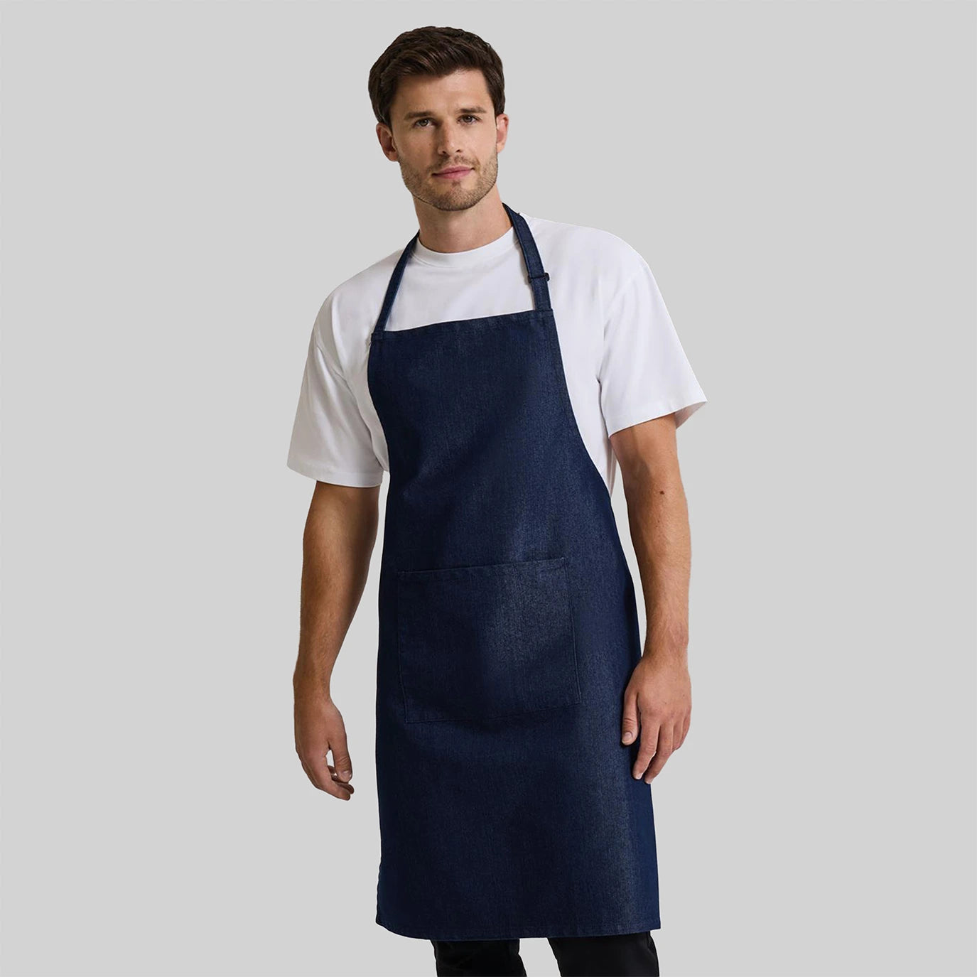 Model wearing the Premier Apron PR154 in Navy