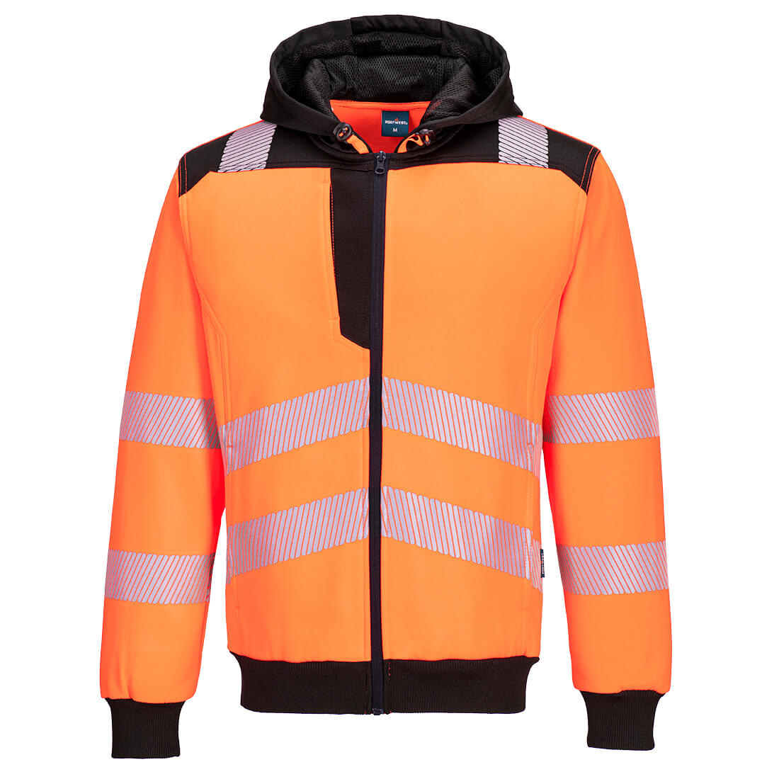 Orange and black PW3 Portwest hi-vis hoodie with reflective stripes and a zip hood.