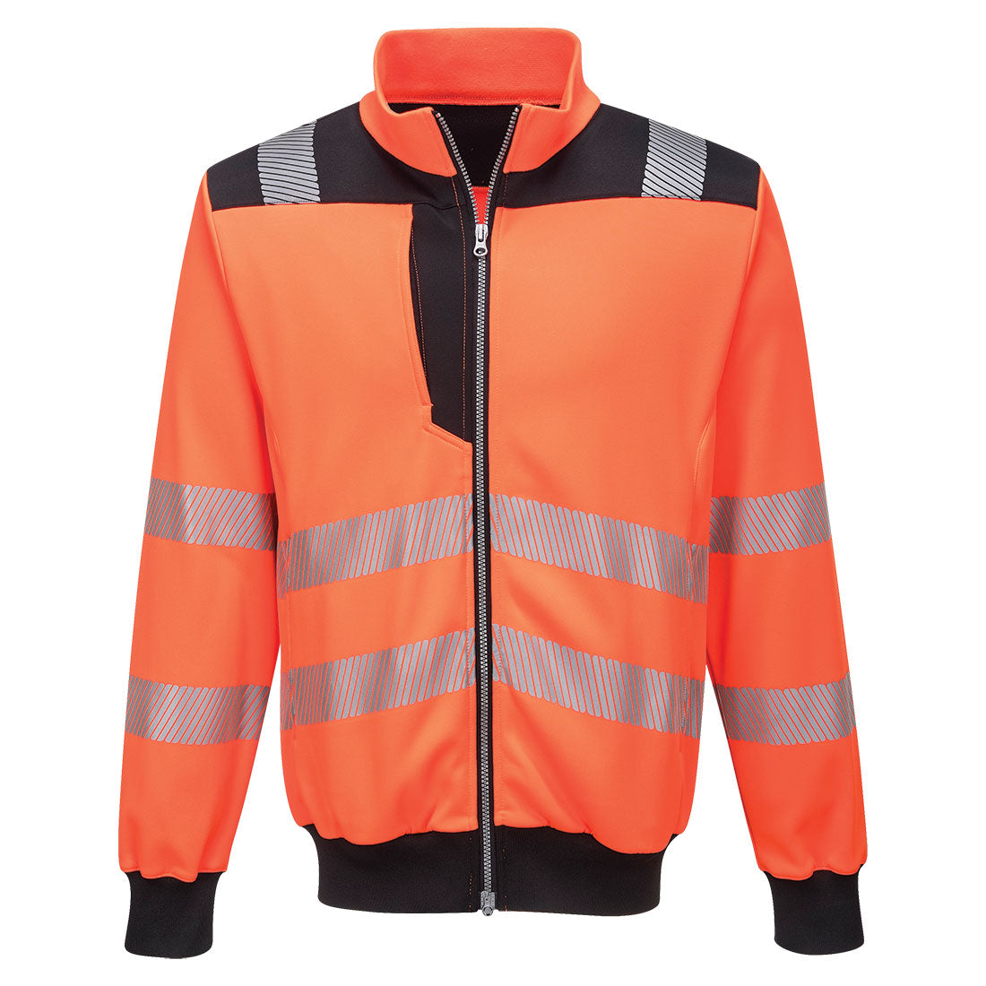 Portwest PW3 Hi-Vis Orange and Black Zip Sweatshirt with reflective tape and contrast panels.