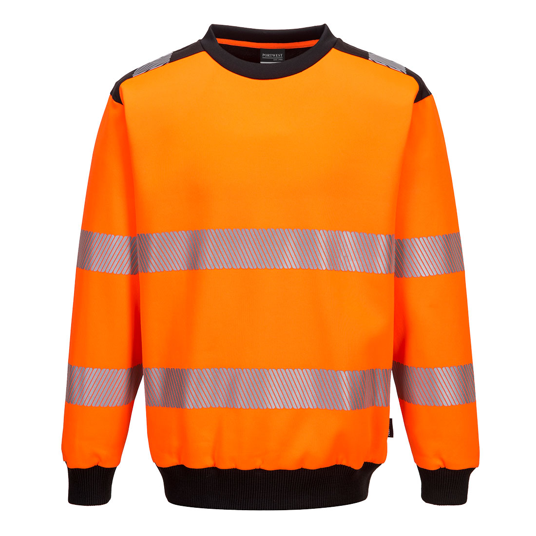 Orange Portwest PW3 Hi-Vis Sweatshirt with reflective stripes and a black crew neck.