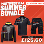 8 item Portwest hi-vis bundle with free logo featuring an orange polo shirt, an orange hoodie, and an orange bomber jacket, all displayed with reflective strips and set on a red background, along with pricing details.