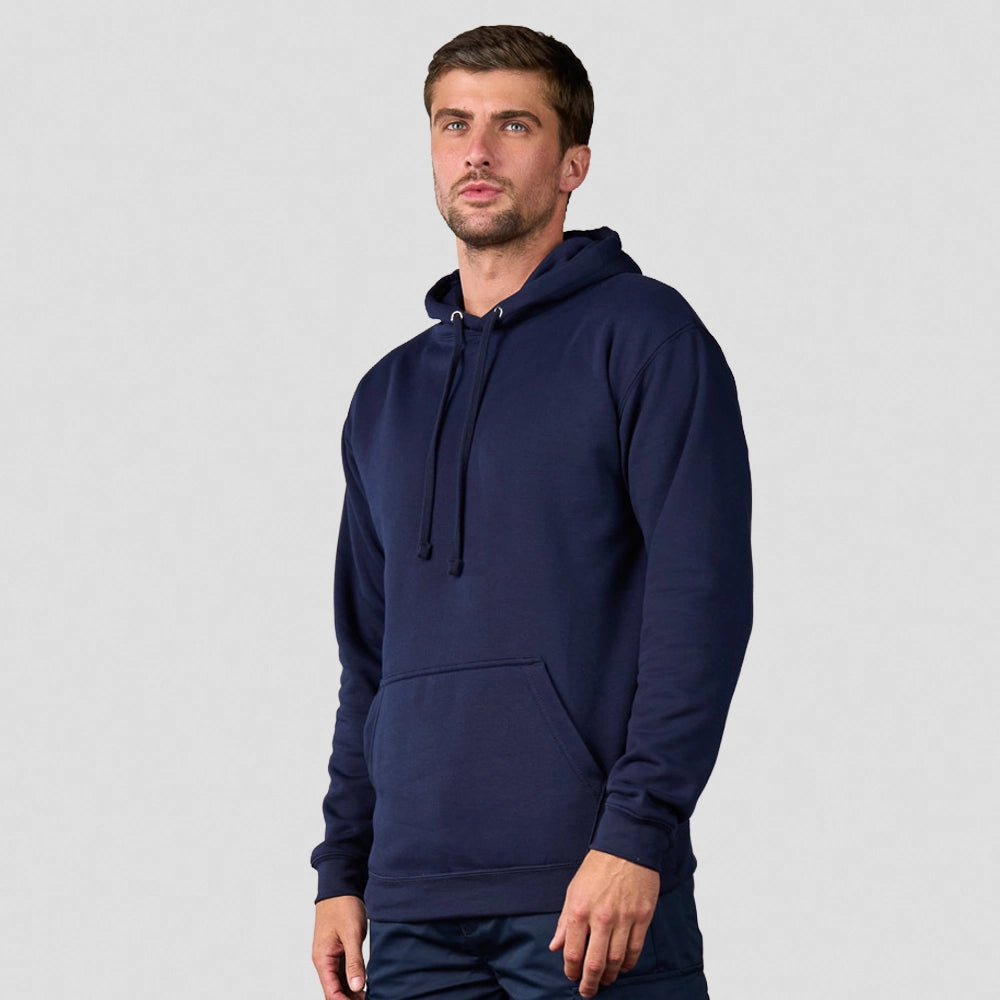 Man wearing a navy blue Pro RTX Pro Hoodie on a light grey background