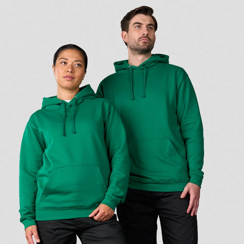 Two people wearing green Pro RTX Pro Hoodie against a plain background