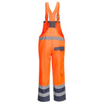 Rear view of the Portwest Hi-Vis Breathable Contrast Rain Bib and Brace (Orange).