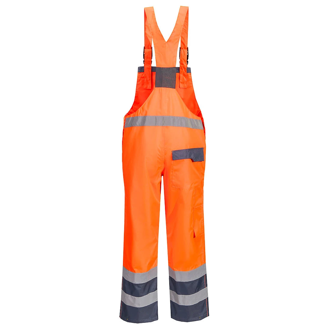 Rear view of the Portwest Hi-Vis Breathable Contrast Rain Bib and Brace (Orange).