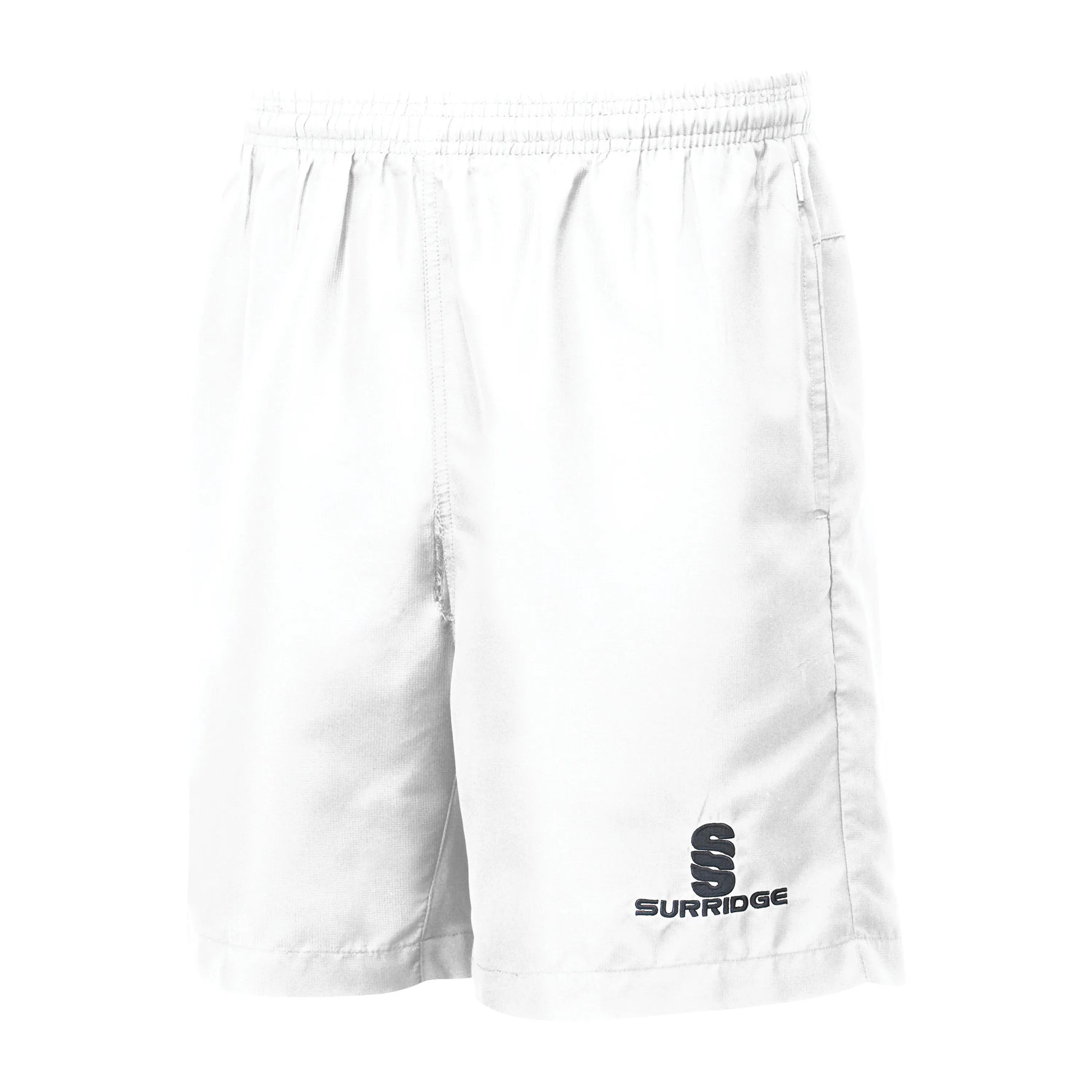 White training shorts with an embroidered Surridge SS logo on the left thigh, featuring a waistband and two pockets.