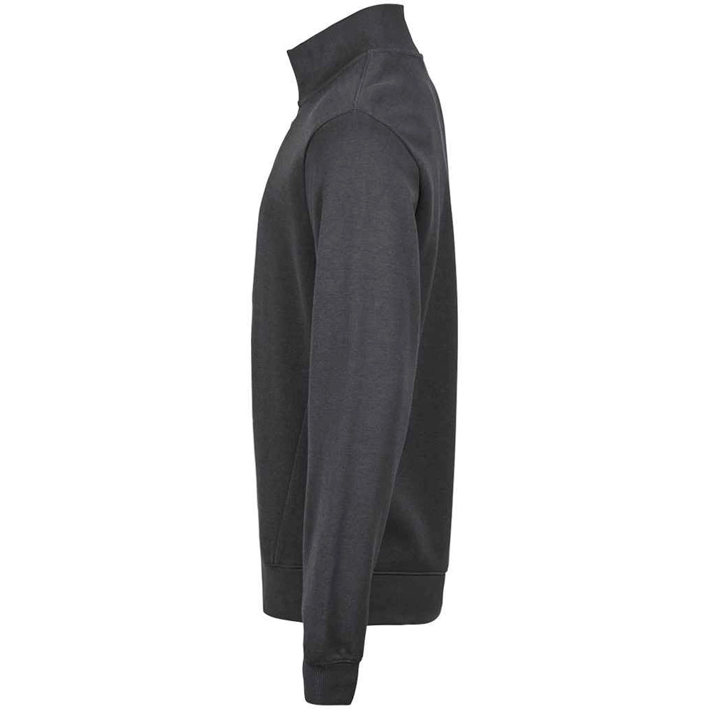 A side view of a dark grey Tee Jays Ribbed Interlock Half Zip Sweatshirt
