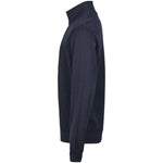 A side view of the navy Tee Jays Ribbed Interlock Half Zip Sweatshirt