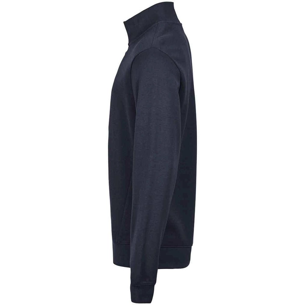 A side view of the navy Tee Jays Ribbed Interlock Half Zip Sweatshirt