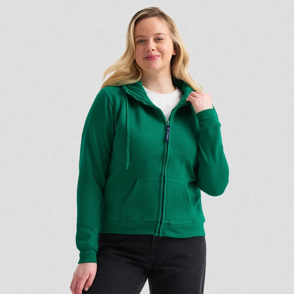 Model wearing Uneek Ladies Classic Full Zip Hooded Sweatshirt UC505