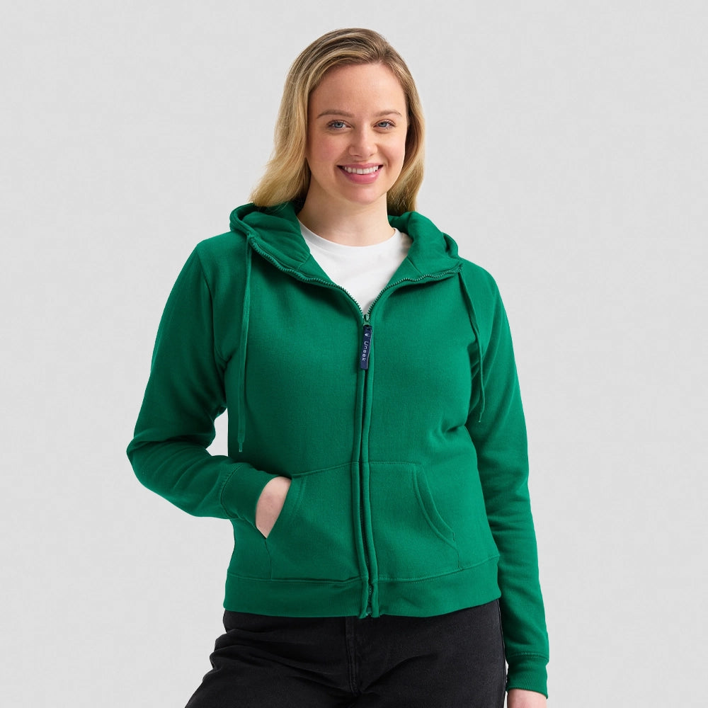 Front view of Uneek Ladies Classic Full Zip Hooded Sweatshirt UC505