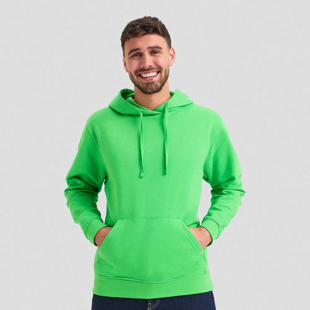 Man wearing a bright green Deluxe Hooded Sweatshirt UC509