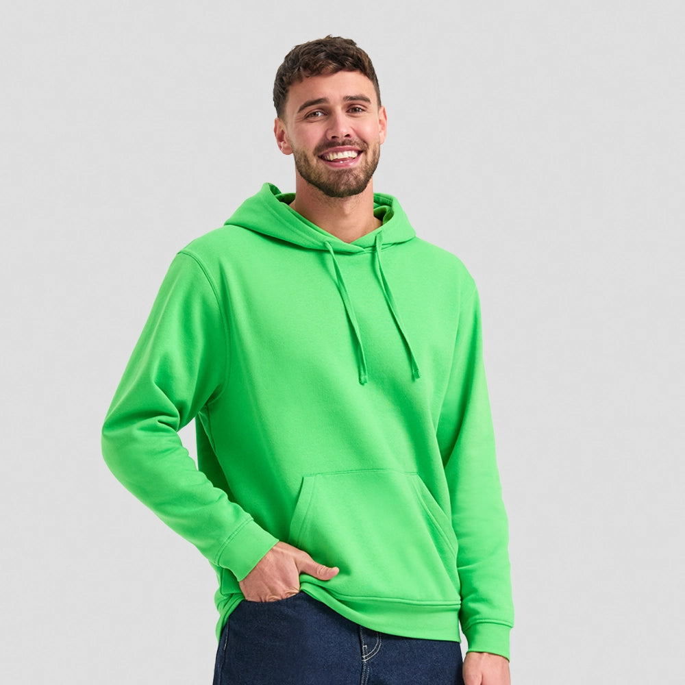 Man wearing a bright green Deluxe Hooded Sweatshirt UC509