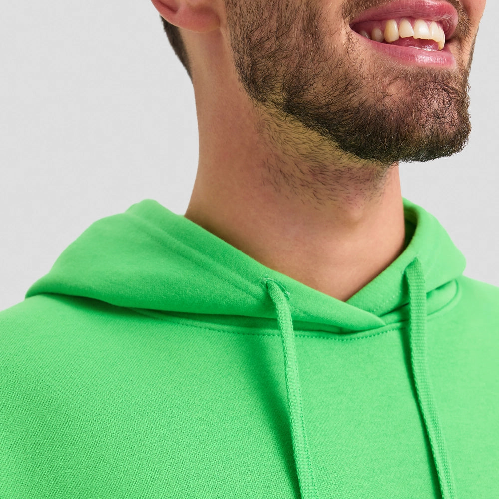 Close-up of the hood and drawstrings of a bright green Deluxe Hooded Sweatshirt UC509