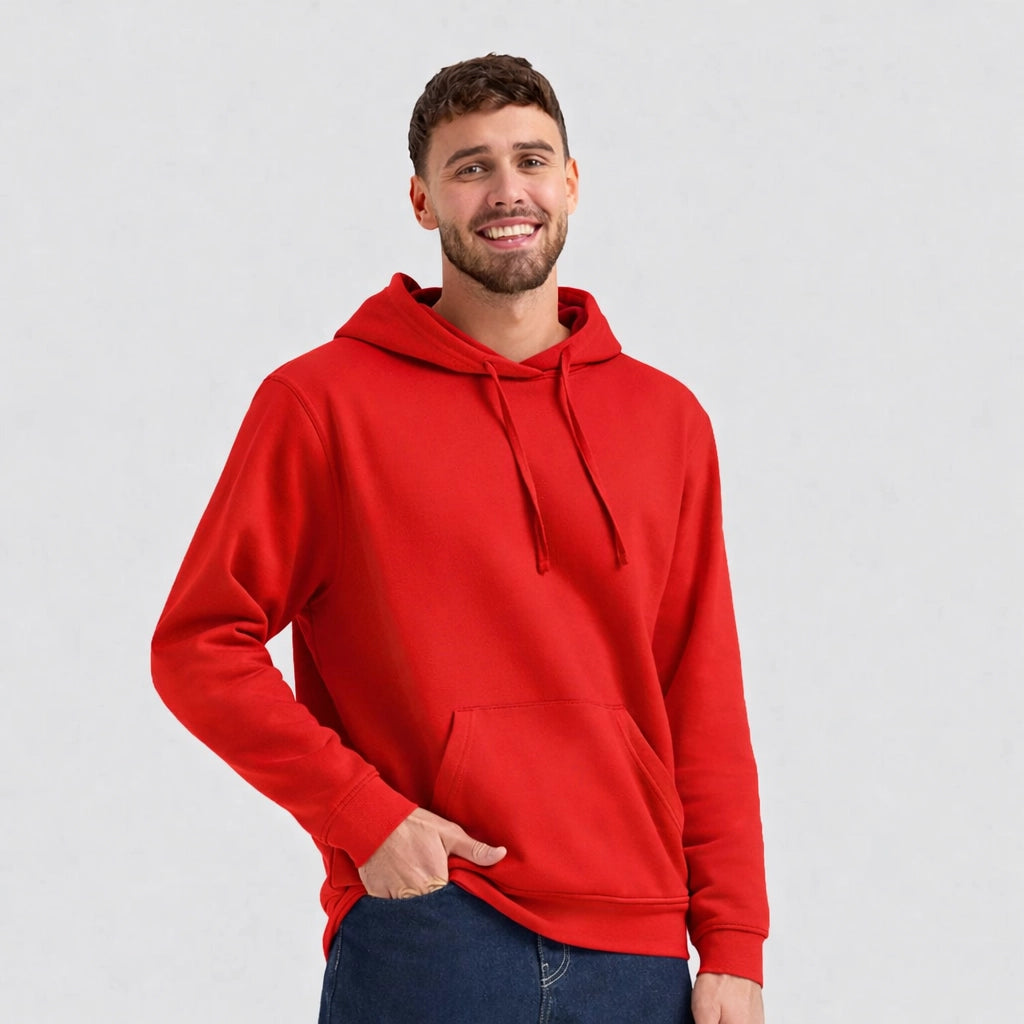Man wearing a red Deluxe Hooded Sweatshirt UC509