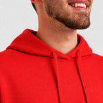 A close up of a hood and drawstring of a red Deluxe Hooded Sweatshirt UC509