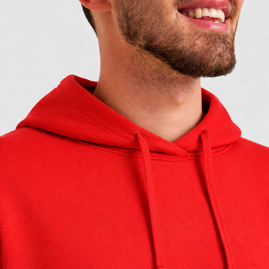 A close up of a hood and drawstring of a red Deluxe Hooded Sweatshirt UC509