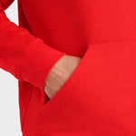 Close-up of a red Deluxe Hooded Sweatshirt UC509 with a pocket on a white background
