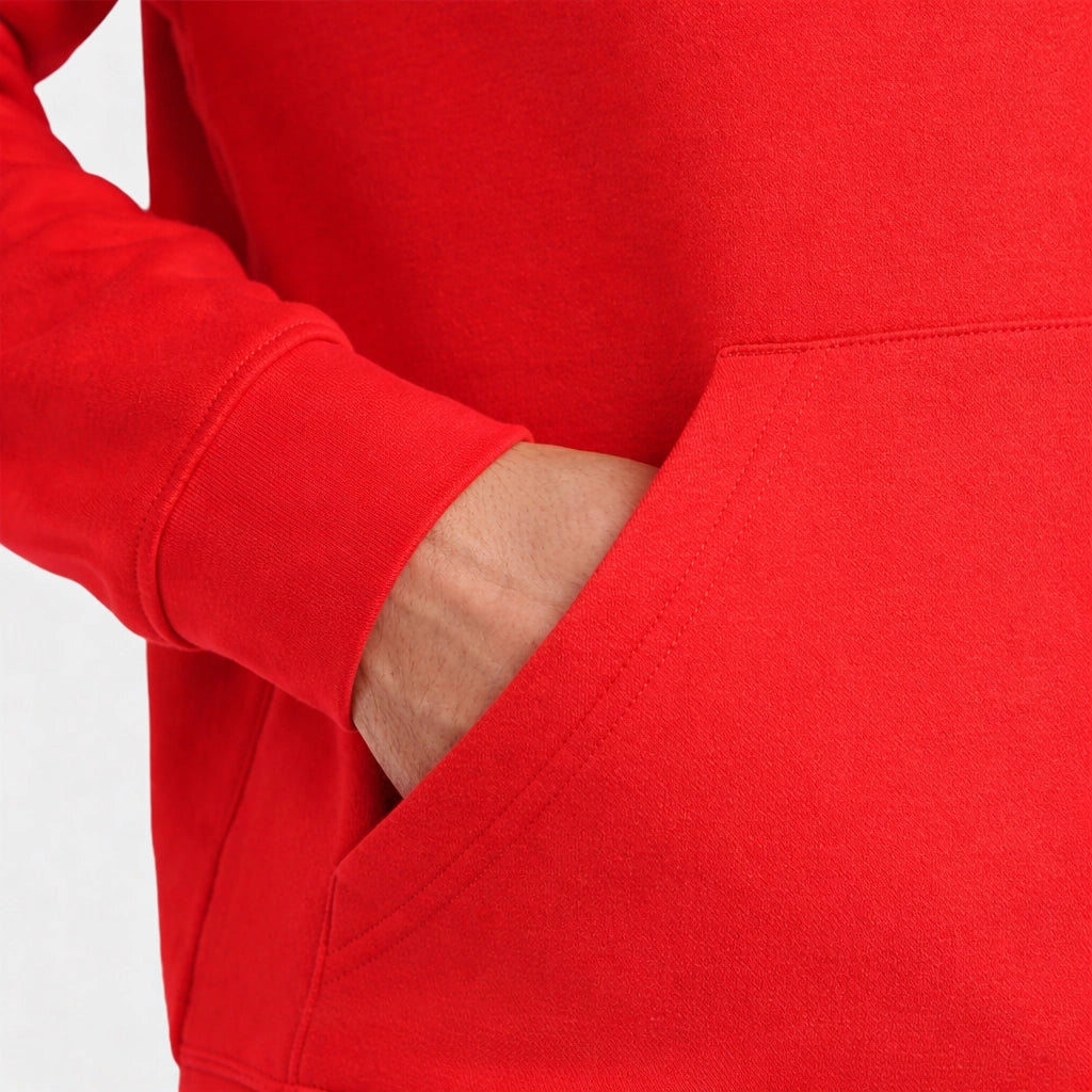 Close-up of a red Deluxe Hooded Sweatshirt UC509 with a pocket on a white background