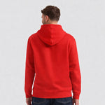 Person wearing a red Deluxe Hooded Sweatshirt UC509
