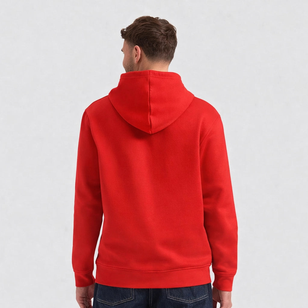 Person wearing a red Deluxe Hooded Sweatshirt UC509