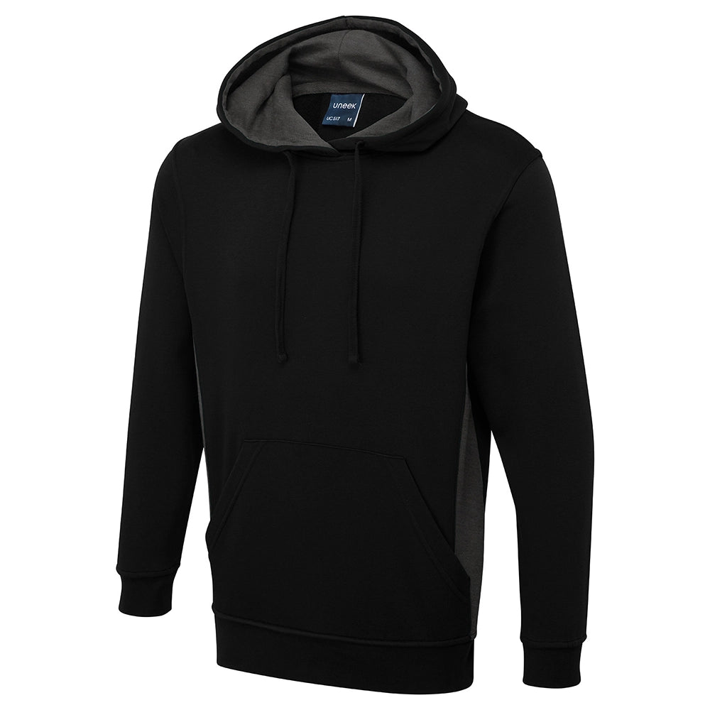 Black Uneek Two Tone Hooded Sweatshirt UC517 with grey hood on a white background