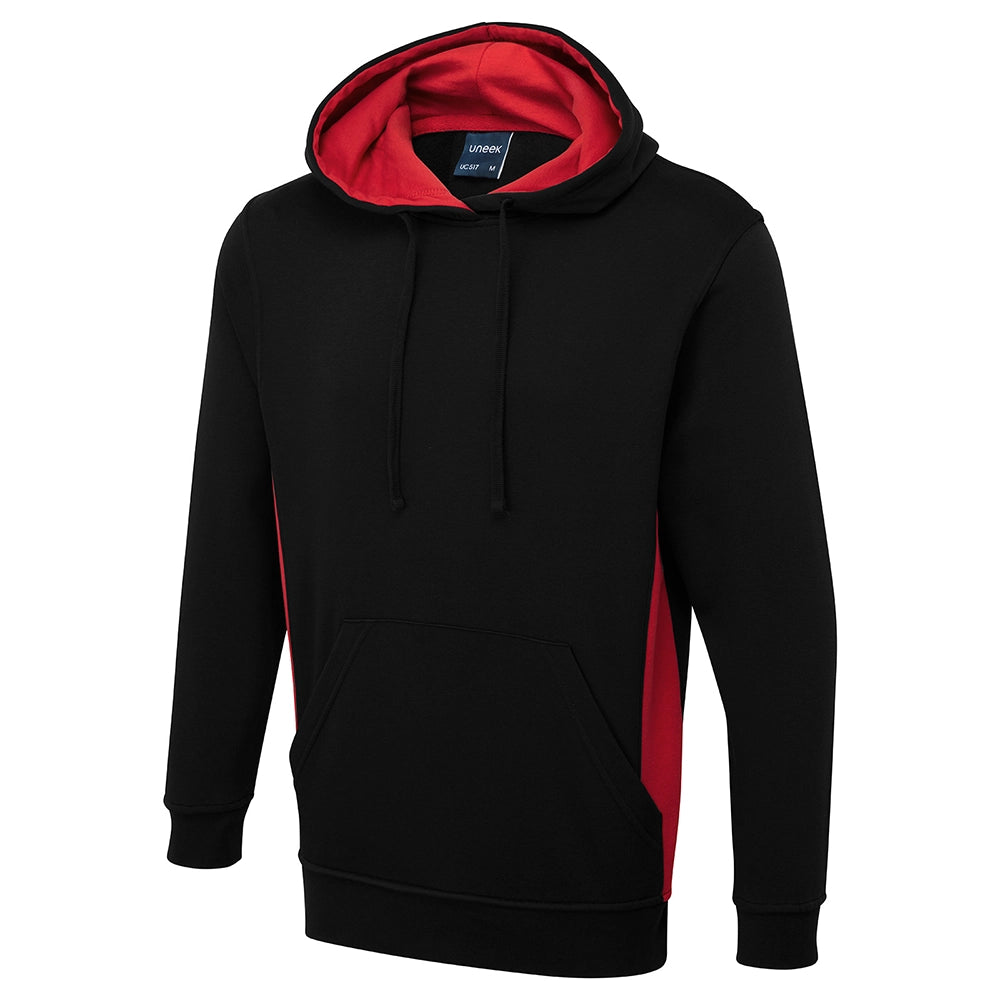 Black Uneek Two Tone Hooded Sweatshirt UC517 with red lining on a white background