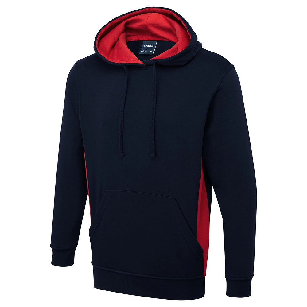 Navy Uneek Two Tone Hooded Sweatshirt UC517 with red lining on a white background