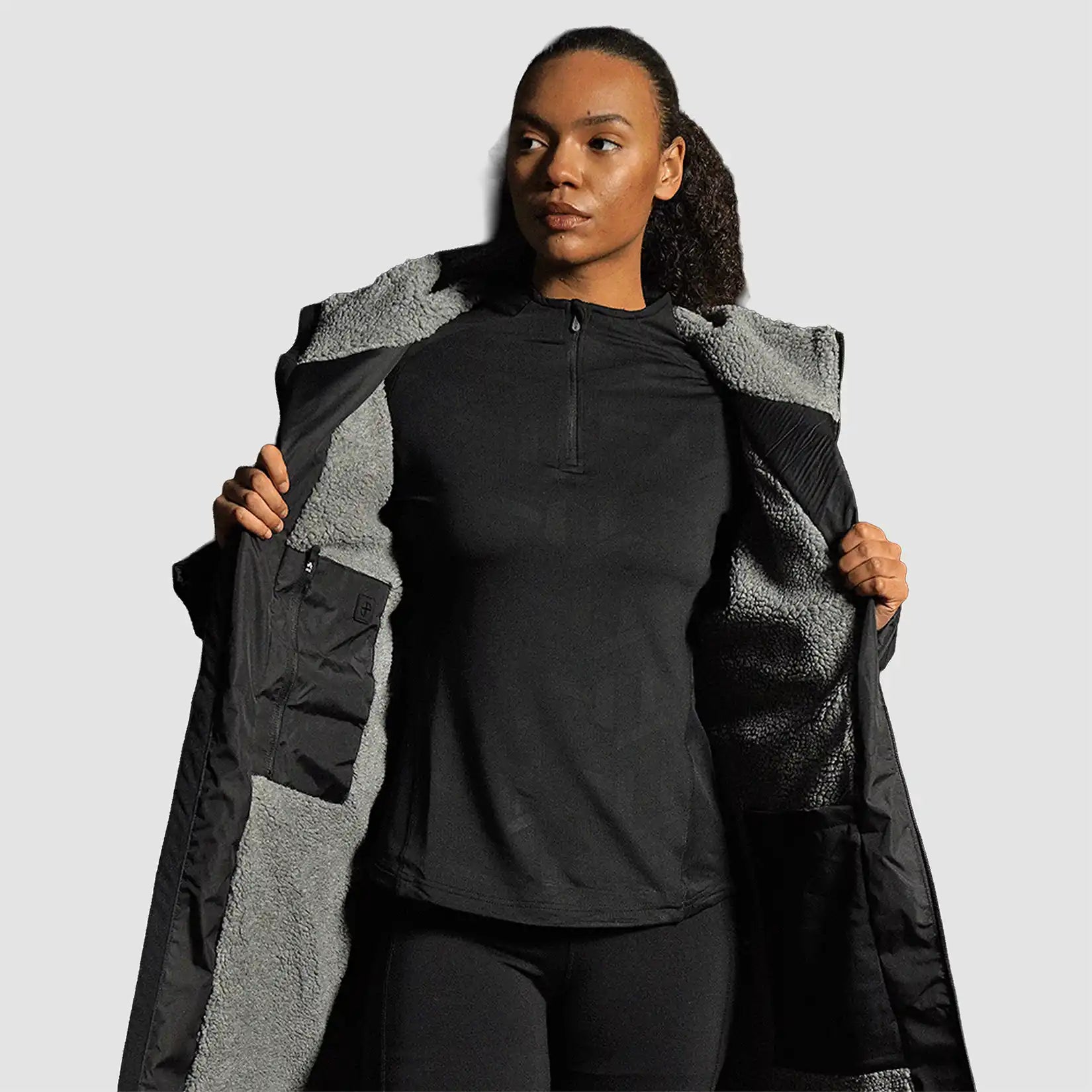 Model wearing the Winsford ASC Fleece Robe Jacket - Black WL002