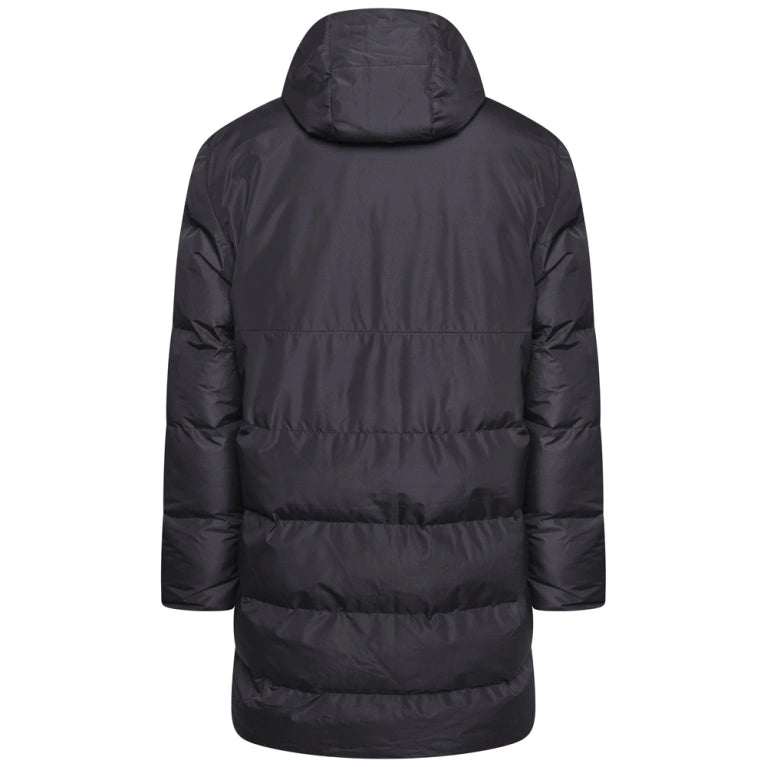 Back view of long padded bench coat