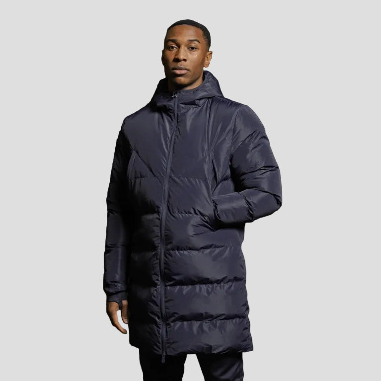 Model wearing a Navy blue Padded Bench Coat