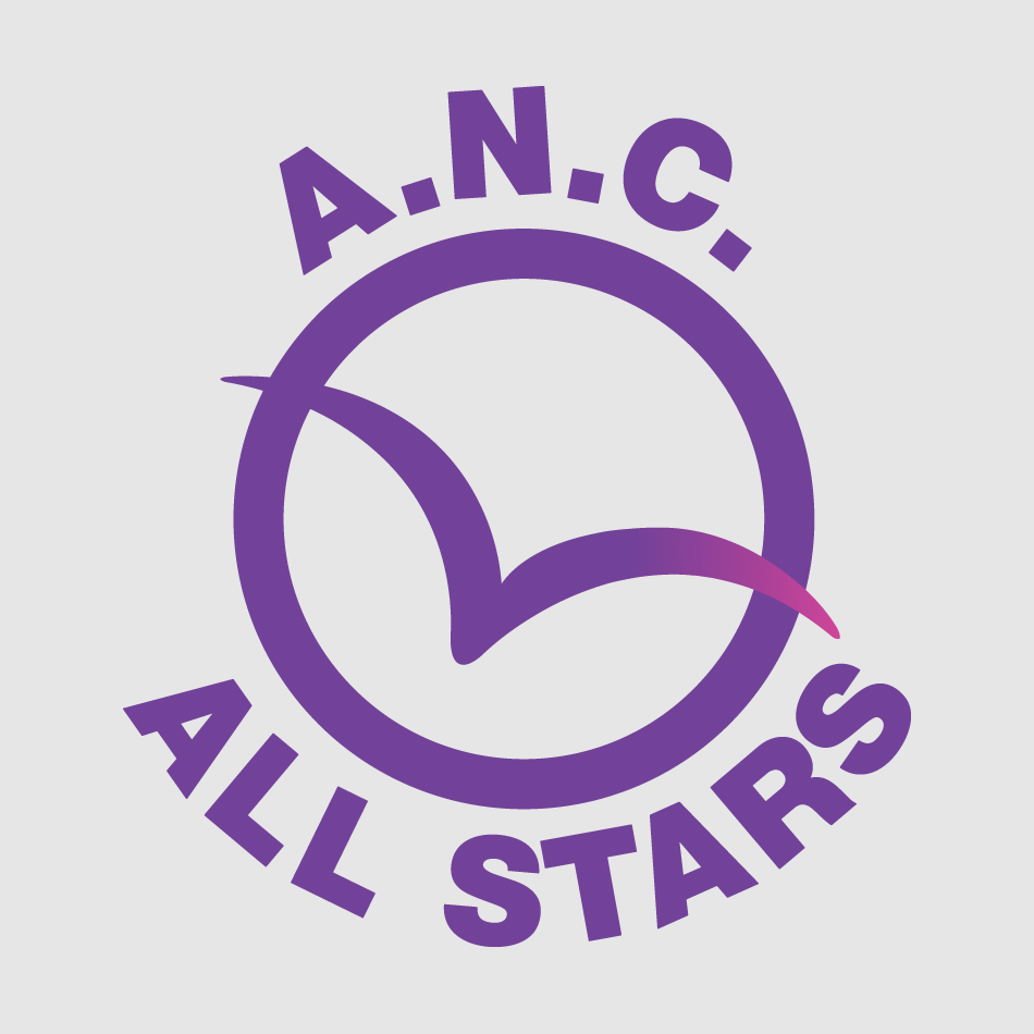 A.N.C. All Stars Netball Club badge in purple with pink detailing, representing the official ANC All Stars branding used on netball kits and teamwear available from the Appleton Netball Club shop, supplied by Buccaneer Group.